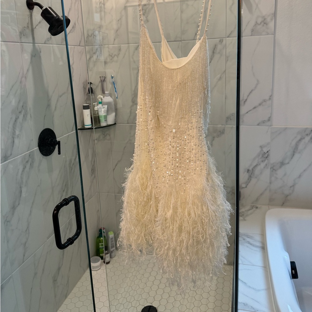 NWT ASOS DESIGN feather/sequin/beaded mini ivory dress